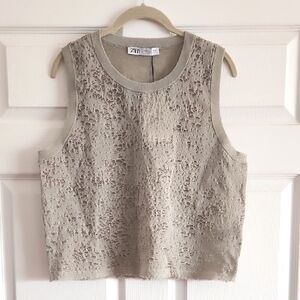 NWT Zara Jacquard Knit Top With Metallic Thread Silver Size M